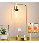 Gold Industrial Table Lamp with USB A+C Ports & Outlet, Fully Stepless Dimmable Modern Nightstand...