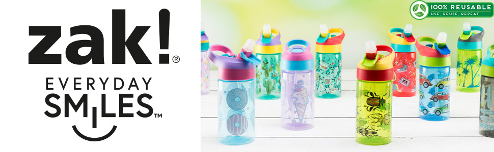 Banner with zak! Everyday Smiles logo and many colorful plastic water bottles for kids
