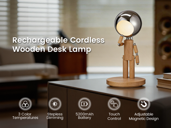 Rechargeable Cordless Desk Lamp, PAUSE Moon Lamp, Creative Wooden Desk Lamp
