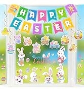 DMIGHT Easter Decorations Happy Easter Banner, Hanging Swirls, Window Clings Stickers for Home, O...