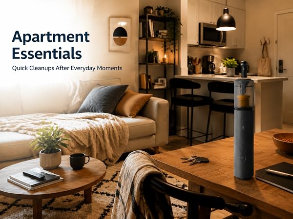 handheld vacuum pickups crumbs, debris, coffee grounds in apartments desks, sofa countertop