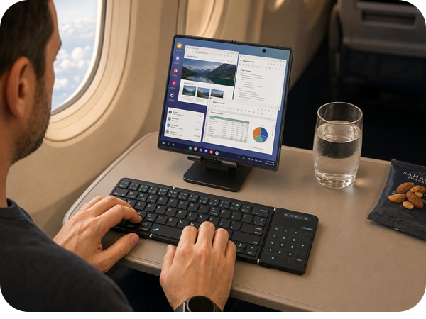 Foldable keyboard with any phone on a flight — Samsung DeX on Galaxy Z Fold as your mobile office