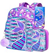 gxtvo 3PCS Girls Backpack, 16" Sequin Prechool Elementary Bookbag and Lunch Box