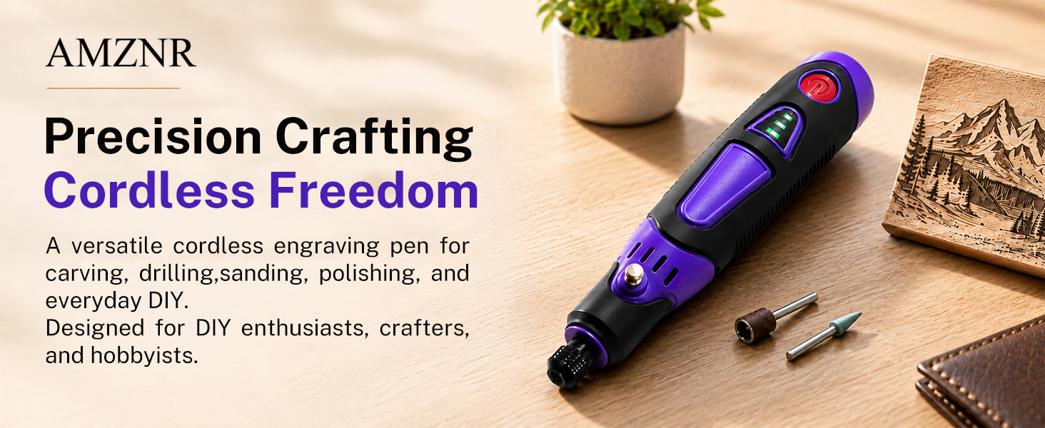 Cordless LED rotary tool for wood carving, metal etching & jewelry polishing. Perfect for DIY.