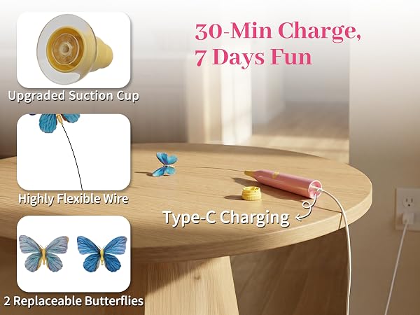 Our cat toy charges 30 mins for 7 days, with suction cup, flexible wire & 2 replaceable butterflies