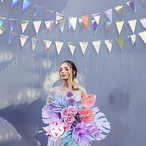 Iridescent Triangle Banner Flag Double Sided Metallic Holographic Paper Pennant Bunting Garland