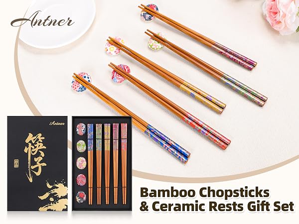 Reusable Bamboo Chopsticks with Ceramic Holders Japanese Style Natural Bamboo Chop Sticks