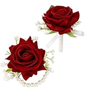 SITUMEIZI 2Pcs Red Corsage and Boutonniere Set Rose Wrist Corsage Wristlet Band Bracelet for Prom...