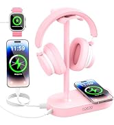 cozoo Pink Headphone Stand with 15W Wireless Charger, USB & Type-C Ports,Cute Desk Gaming Headset...