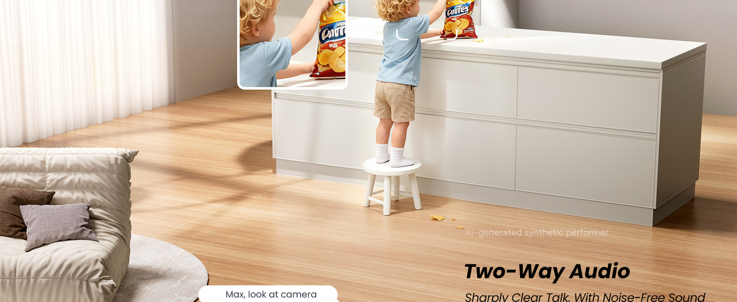 Baby monitor with two-way audio, a child reaching for snacks on a cabinet