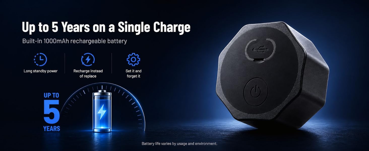Up to 5 Years on a Single Charge Built-in 1000mAh rechargeable battery