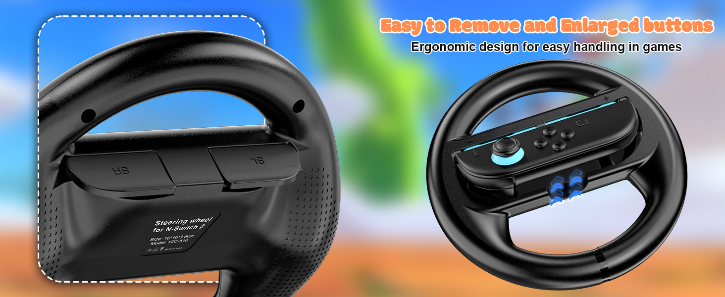 Two black steering wheel attachments for gaming controllers. One larger with a grip handle, one smaller with blue buttons. Text indicates they are removable and designed for racing games.