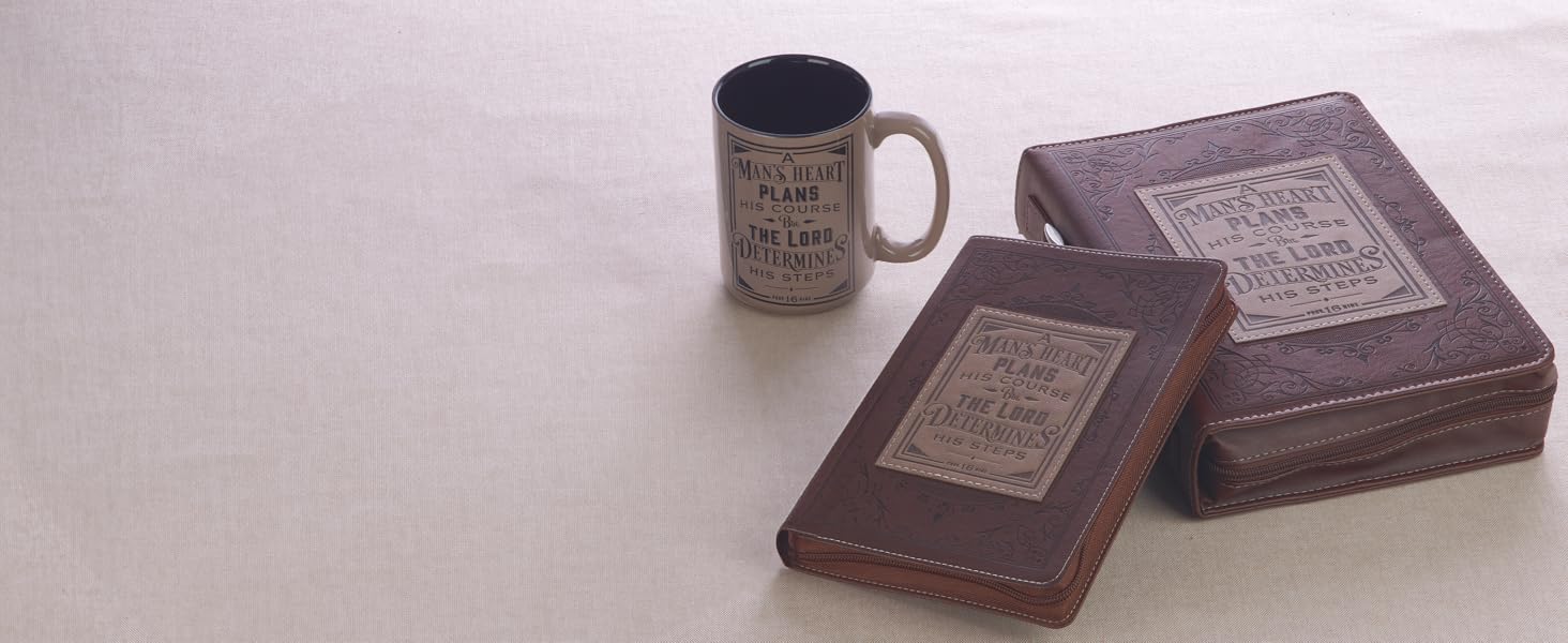 Gifts inspired by Scripture featuring Man's Heart Collection with coffee mug journal and Bible cover