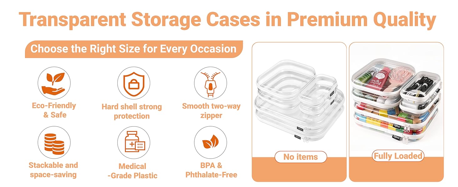 6 pack clear toiletry bag set with black trim, premium transparent storage cases for travel.