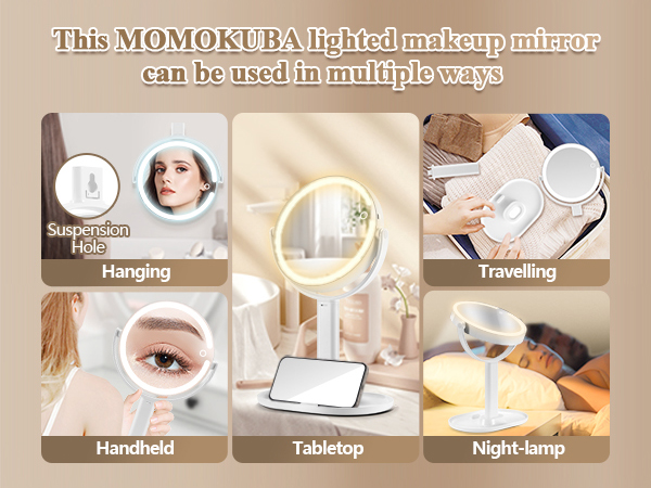 Text reads: 'This MOMOKI BAI hidden makeup mirror can be used in multiple ways'. Grid showing six different usage positions labeled: 'Hanging', 'Handheld', 'Tabletop', 'Right-Snap'.