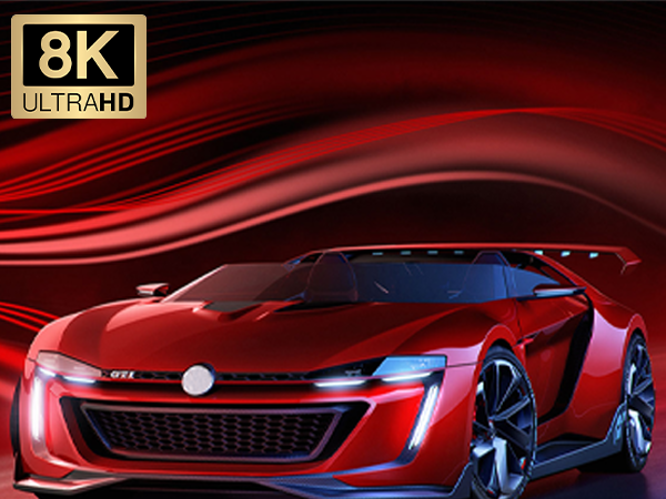 Sleek red concept sports car render against dark background with red flowing waves, featuring LED lighting and 8K Ultra HD label.
