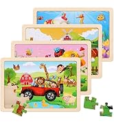 Wooden Puzzles Toys for Kids Ages 3-5, Set of 4 Packs with 24-Piece Farm, Insects, Animals Wood J...