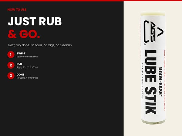 Door-Ease Lube Stik showing three-step twist rub done application