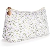 WHHJM Quilted Cotton Makeup Bag, Coquette Quilted Toiletry Bag for Women and Girls, Floral Coquet...