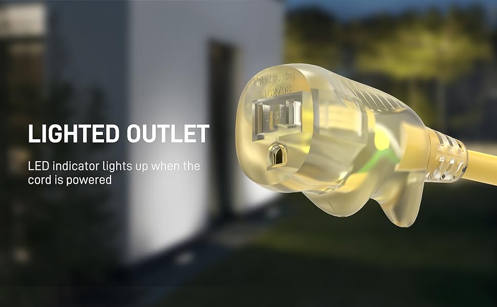 LIGHTED OUTLET LED indicator lights up when the cord is powered