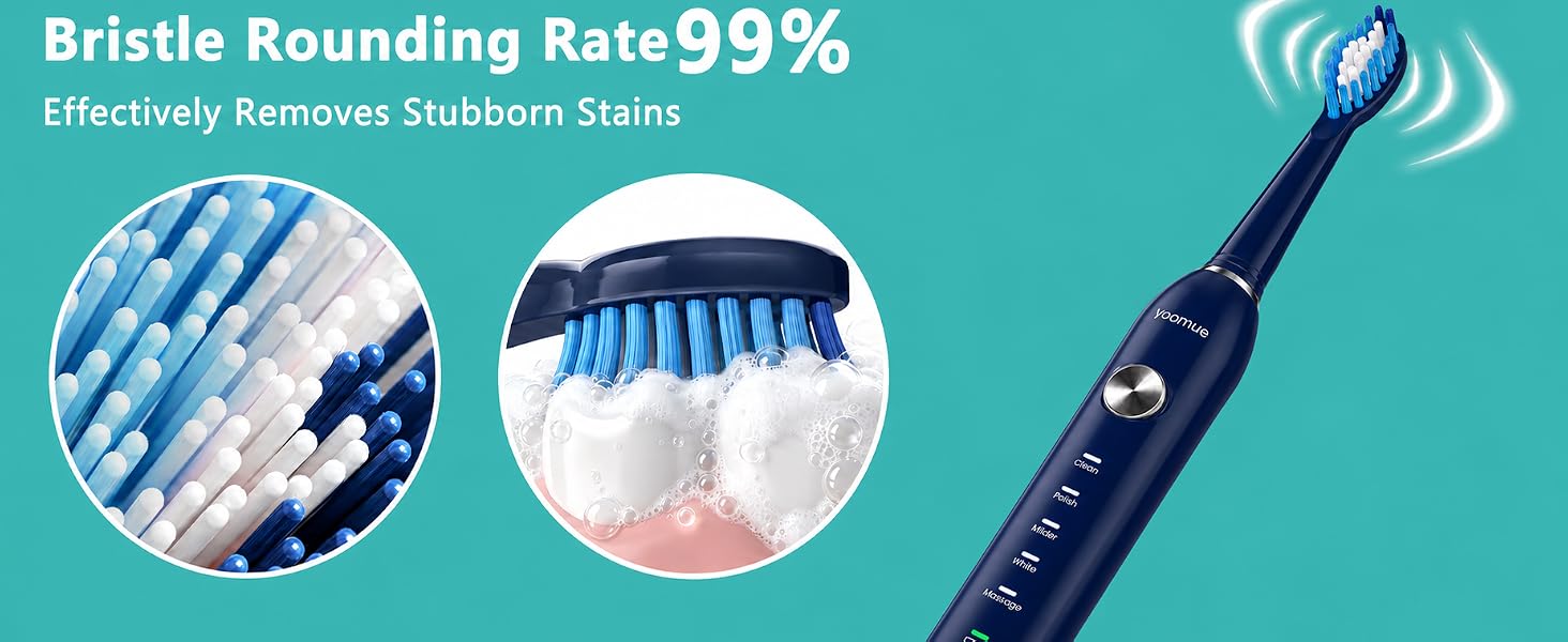 Text reads "Bristle Rounding Rate 99%" and "Effectively Removes Stubborn Stains". Electric toothbrush with blue handle displayed alongside close-up images of bristles and stain removal demonstration.