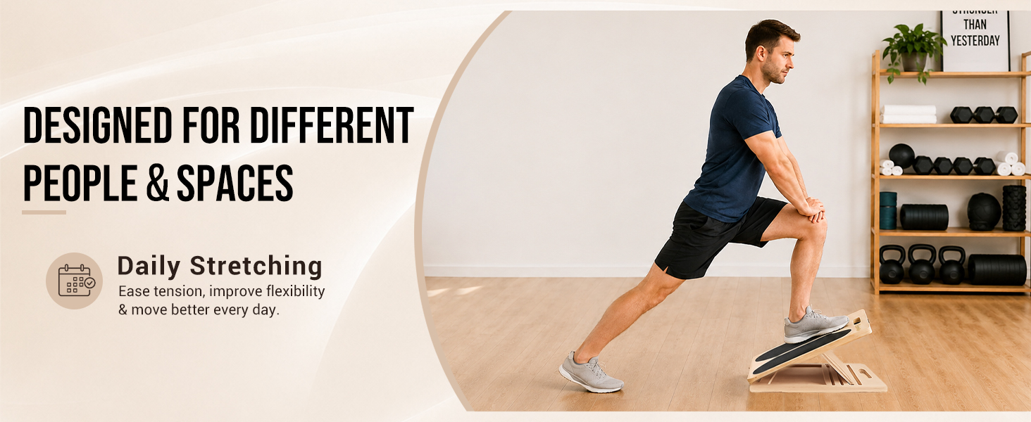 Wooden slant board for daily stretching, calf flexibility, and ankle mobility.