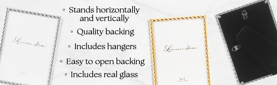 Silver and gold picture frames with rope design. Stands horizontally/vertically. Includes real glass
