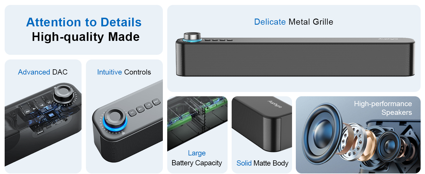 Text reads 'Attention to Details, High-quality Made'. Product showcase displaying electronic components and technical specifications with detailed close-up shots of hardware parts and mechanisms.