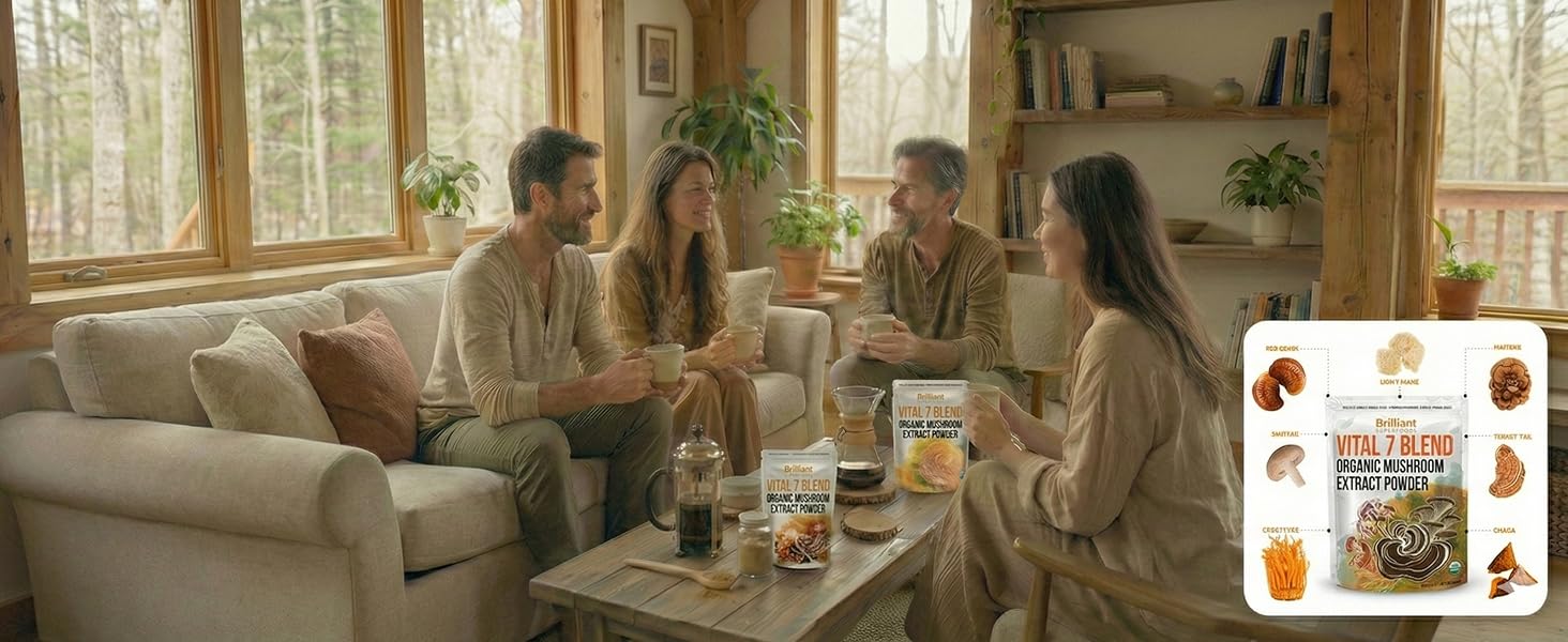 Friends enjoy Ellie's Best Vital 7 Mushroom Extract in their own home made mushroom coffee