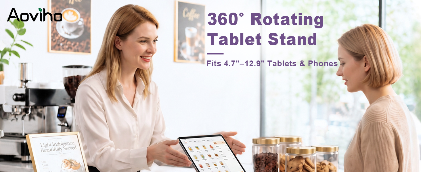 Adjustable rotating tablet stand for iPad, studying, streaming, kitchen recipes and video calls
