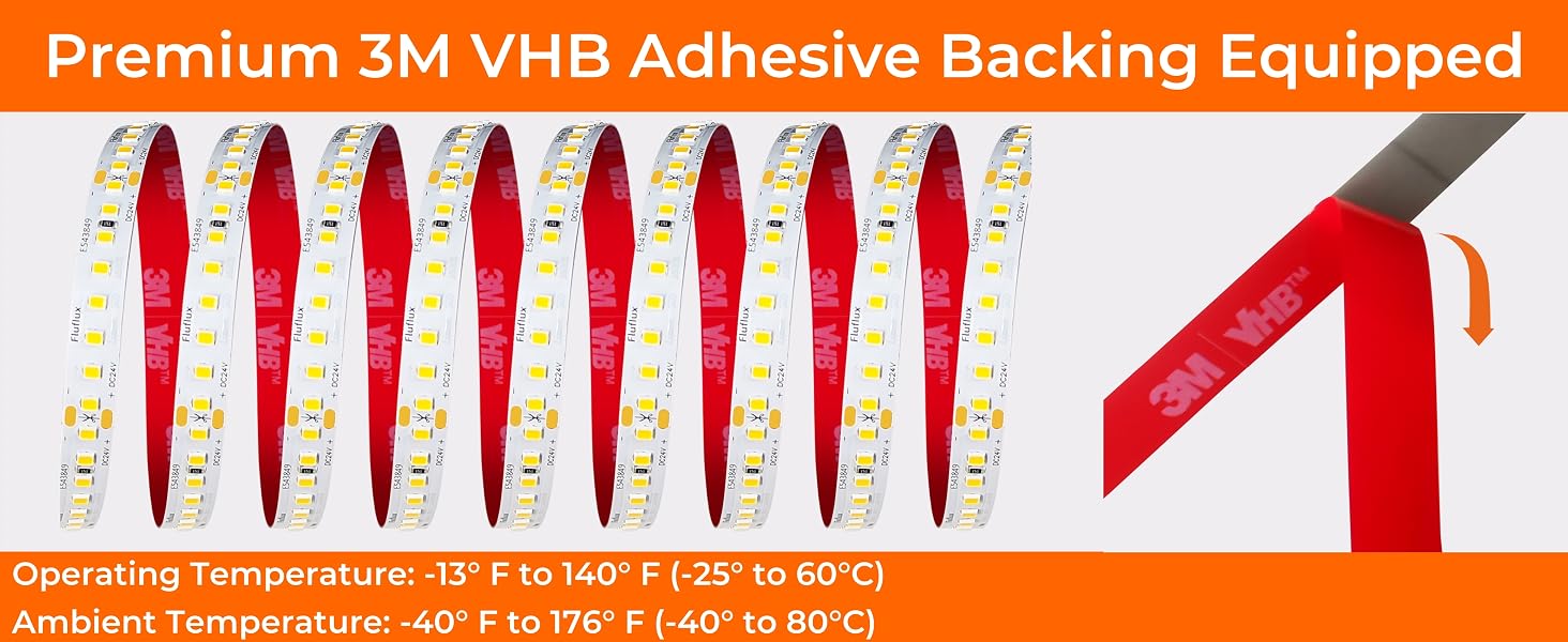 2700K 24V 2835 LED strip light with strong 3M VHB adhesive backing, built to withstand heat exposure