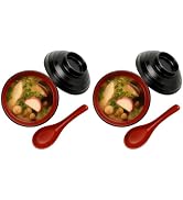 Set of 2 Japanese Miso Soup Bowls with Lid and Spoon, 11 oz Black and Red, Rice Snack Dessert Bow...