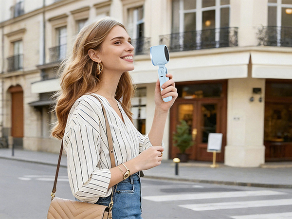 Woman walking in city holding blue handheld fan stylish mini fan for holiday travel cooling