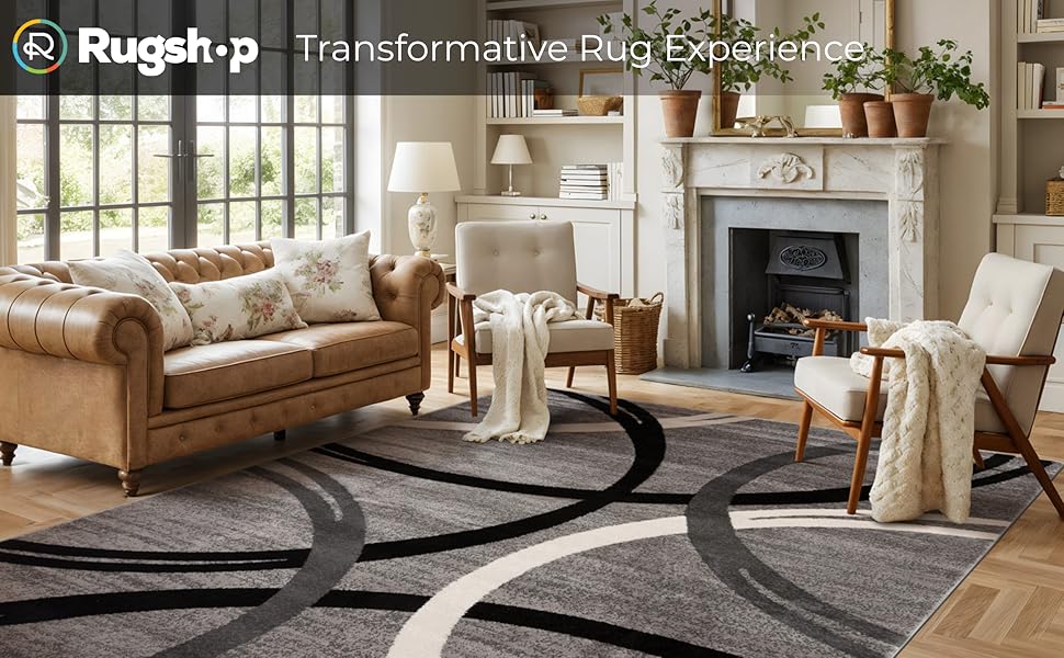 modern gray black rug with overlapping circle pattern, stylish cont