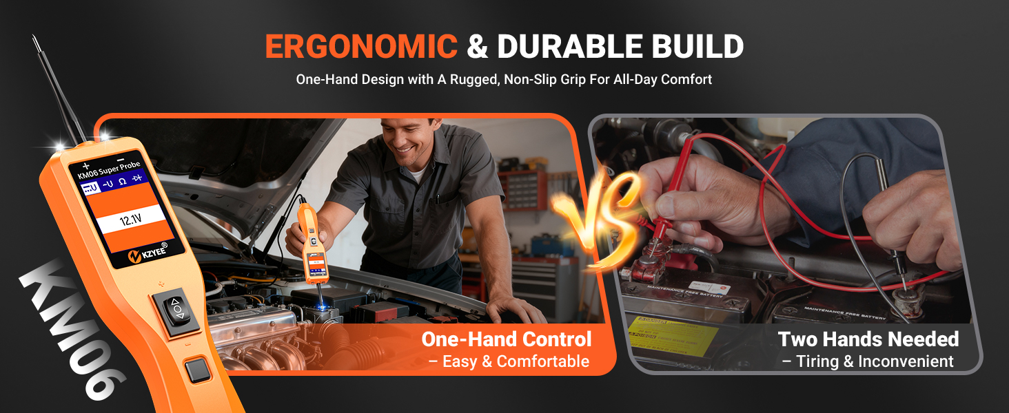 KM06 power circuit probe designed for one-hand automotive testing, replacing bulky two-hand tools.