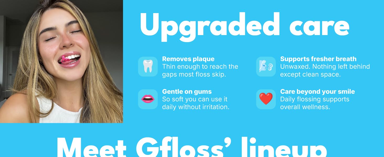 Young blonde woman smiling with Gfloss hands-free dental flosser.