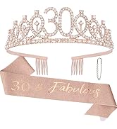 CAVETEE Rose Gold 30th Birthday Tiara and Sash Set for Women - Fabulous Birthday Queen Crowns and...