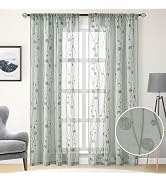 HOMEIDEAS Sage Green Sheer Curtains 52 X 84 Inches Length 2 Panels Embroidered Wave Line with Spi...
