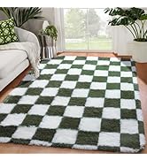 KICMOR Area Rugs for Bedroom Living Room, 4x6 Soft Fluffy Olive Green and White Checkered Shag Ru...