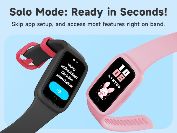 Text reads 'Safe Product Ready in Seconds! Skip app setup, and access most features right on band.' Marketing image showing smartwatches with black and pink bands displaying fitness tracking interfaces.