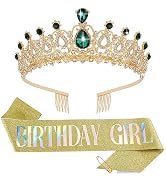 AHONEY Birthday Crowns for Women, Birthday Sash for Girls, Green Tiara Rhinestones Crown with Com...