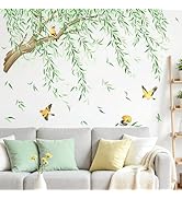 Tanlaby Large Tree Branch Hanging Vine Wall Decals Willow Tree Wall Stickers Green Leaf Birds Pee...