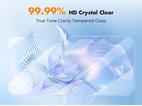 HD Crystal Clear tempered glass screen protector with 99.99% clarity rating, showing translucent wavy pattern demonstrating optical clarity.