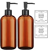 Amber Soap Dispenser with Rust Proof Pump, Waterproof Labels (2 Pack,16 Oz), Soap Dispenser Bathr...