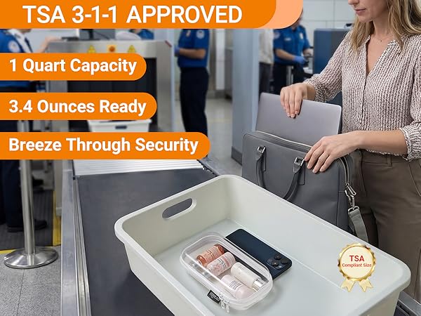TSA approved 3-1-1 clear bag for airplane carry on, quart size liquid bag for airport security.