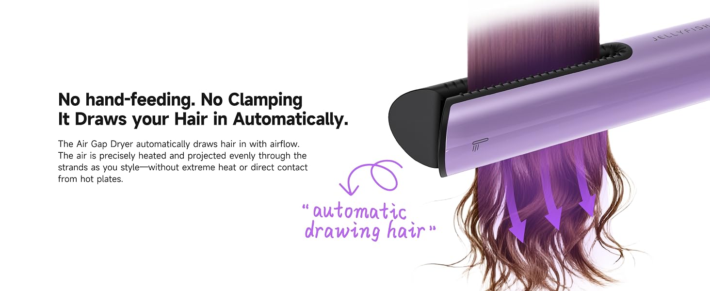 Clamp-free air styling with no hand-feeding, airflow draws fine hair in automatically as you dry