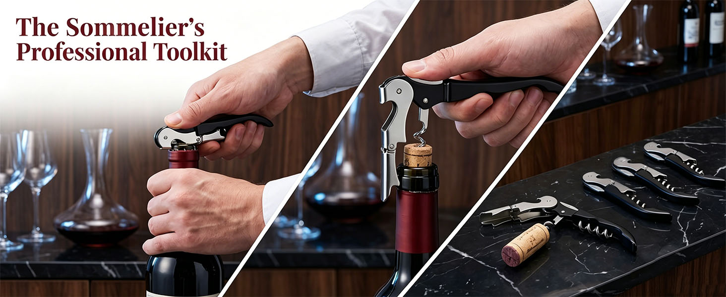 Sommelier using a professional waiter's corkscrew to open wine