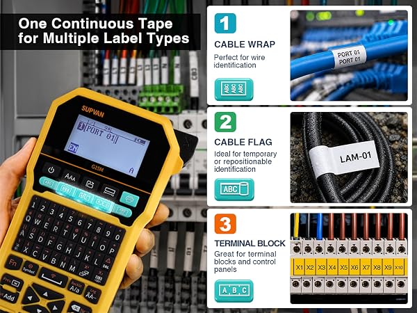 One Continuous Tapefor Multiple Label Types: Cable Wrap, Cable Flag, Terminal Block
