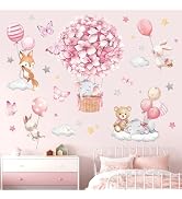 Pink nursery wall decals featuring cherry blossoms, bunnies, bears, hot air balloons, clouds, and stars in a whimsical pastel design.