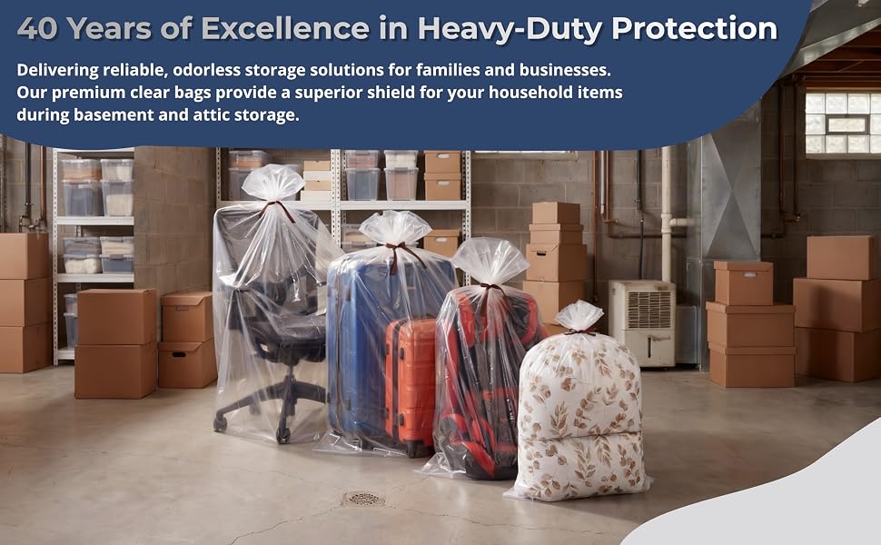 Large clear plastic storage bags for basement and attic, dustproof covers for household items